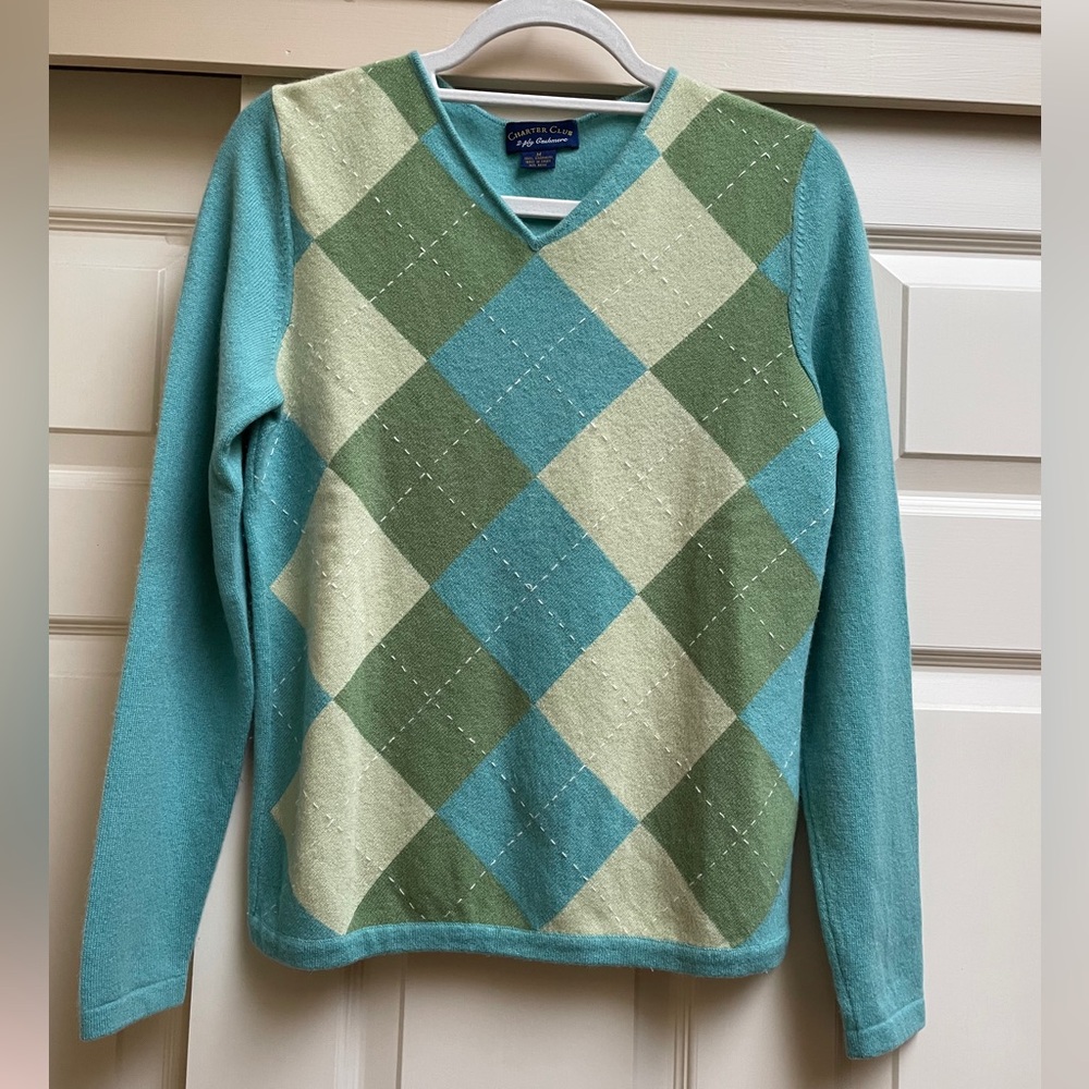 Charter Club Teal and Green Argyle Cashmere Sweater